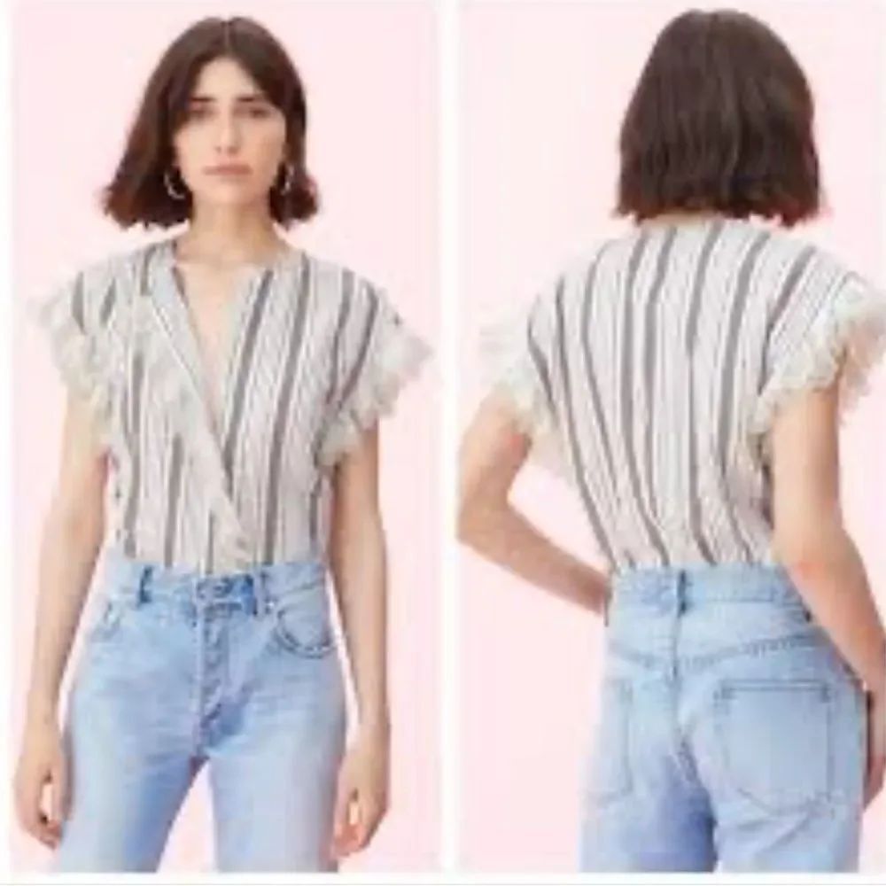 La Vie Rebecca Taylor Elegant Striped eyelet Ruffle Sleeve Blouse, M